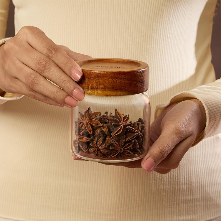 Borosil Glass Jar with Acacia Wood Lid | Borosilicate Glass Storage Jar for Dry Fruits, Spices & Snacks | Airtight Glass Container for Kitchen & Pantry (Tallwood, 600 ml)