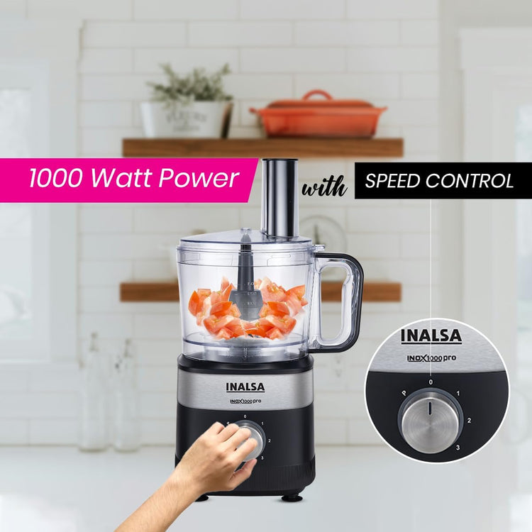 INALSA Food Processor For Kitchen With Mixer Grinder Juicer|1000 W Copper Motor|2.5L Processing Jar|Chopping,Kneading Blade|Citrus Juicer|Shredding,Slicing,Whisker&French Fries Cutter (Inox 1000 Pro)