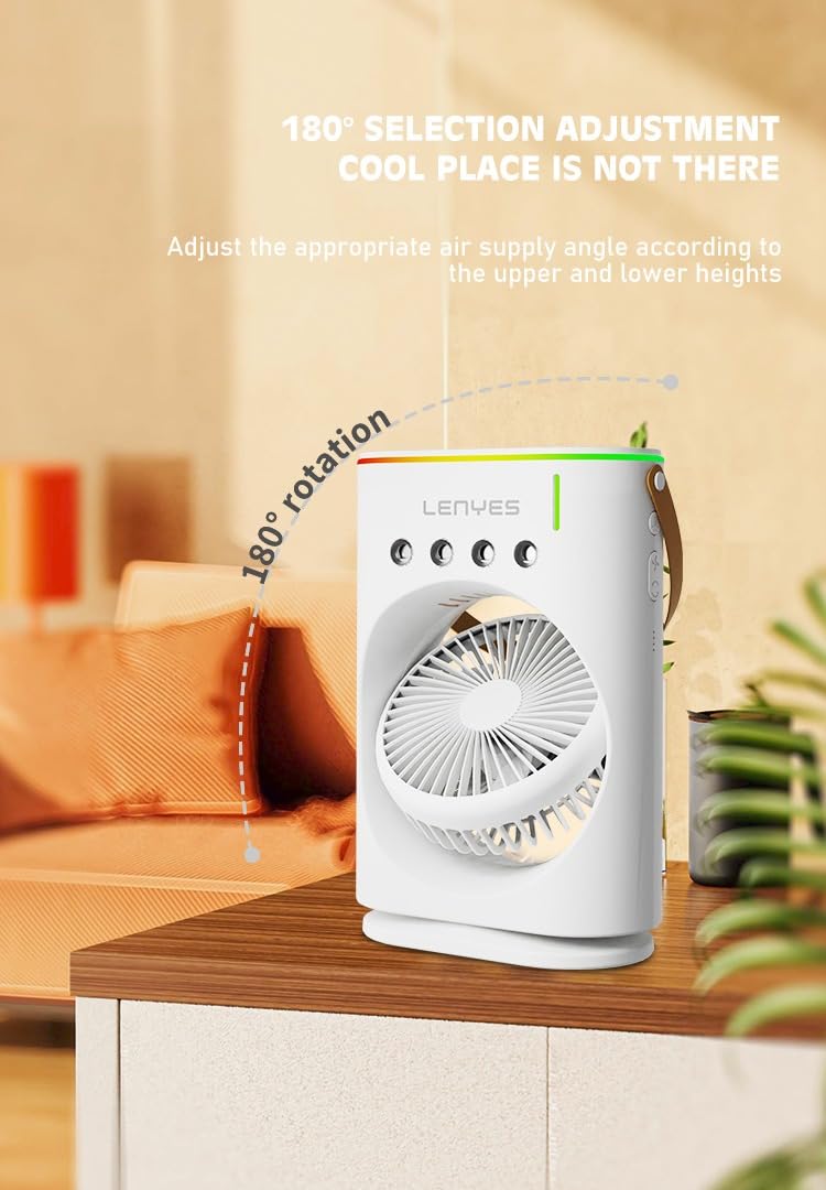 Lenyes LHF05 60 mm Mini Fan | LED Lighting | Rechargeable Fan | 3 Fan Speeds | 2 Light Mode Settings | High Speed Oscillation Table Fan | White Portable Fan