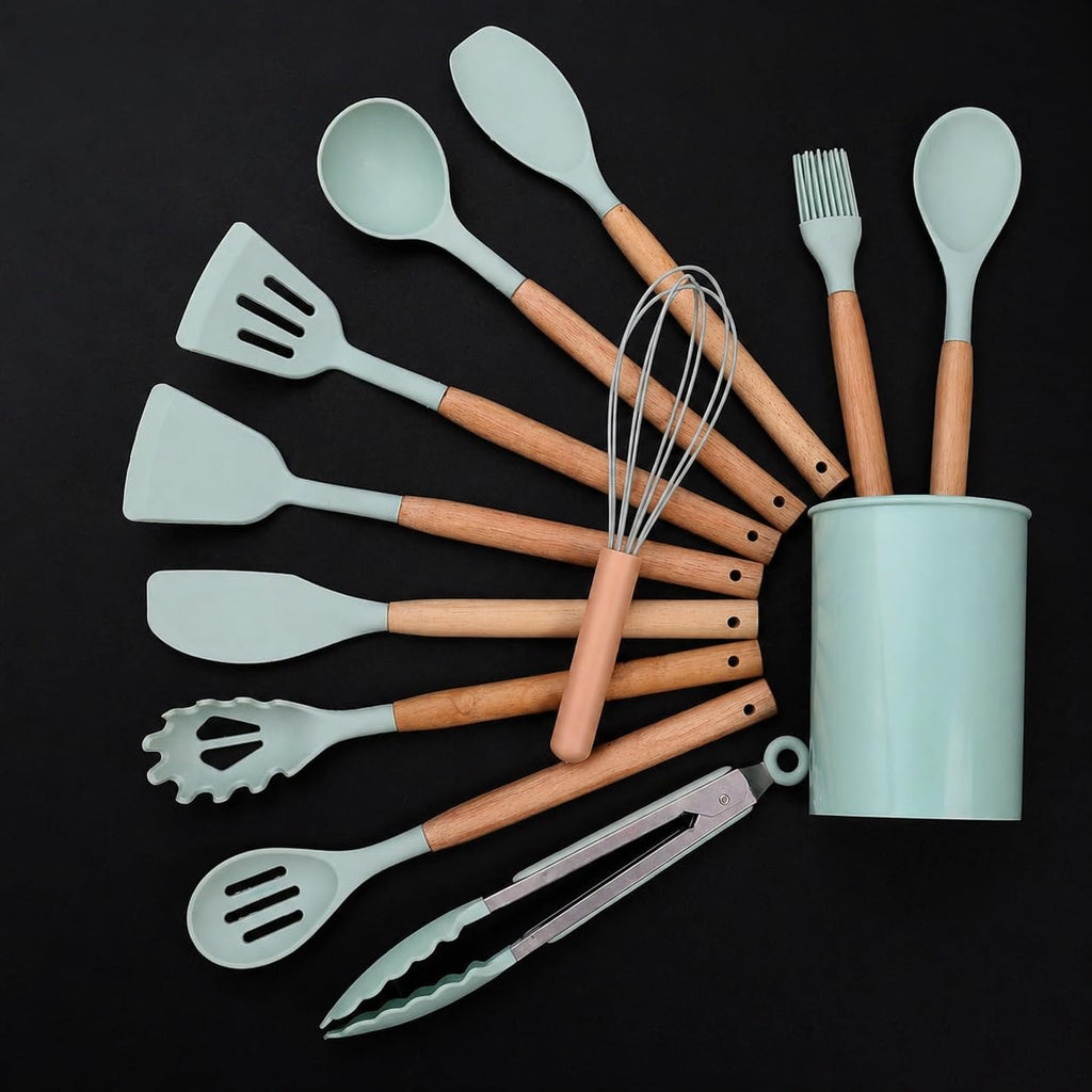 12 Pcs Silicone Kitchen Tool Set with Wooden Handles | Non Stick Cookware Safe Cooking Utensils with Storage Holder | Kitchen Accessories Set for Cooking & Baking (Green)