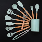 12 Pcs Silicone Kitchen Tool Set with Wooden Handles | Non Stick Cookware Safe Cooking Utensils with Storage Holder | Kitchen Accessories Set for Cooking & Baking (Green)