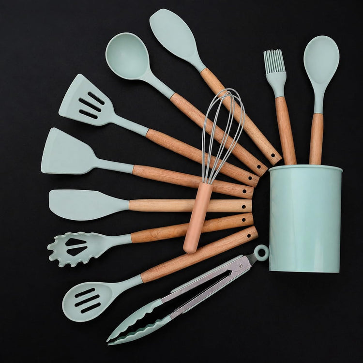 12 Pcs Silicone Kitchen Tool Set with Wooden Handles | Non Stick Cookware Safe Cooking Utensils with Storage Holder | Kitchen Accessories Set for Cooking & Baking (Green)