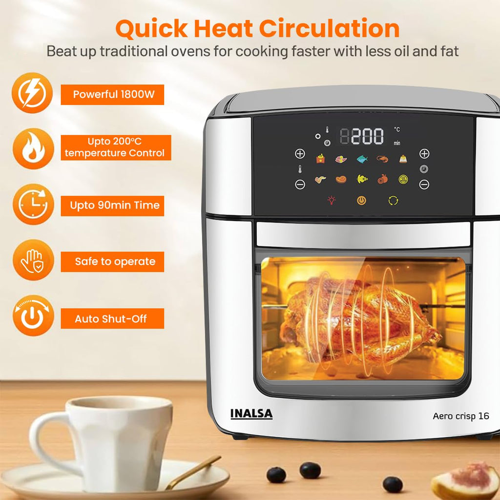 INALSA Air Fryer Oven|16L, 1800W|Stainless Steel Body12-in-1 Functions,Fry,Bake,Grill,Dehydrate,Roast& Reheat|10 Preset|Rotisserie & Convection|Dishwasher Safe Accessories|2Yr Warranty,Aero Crisp 16
