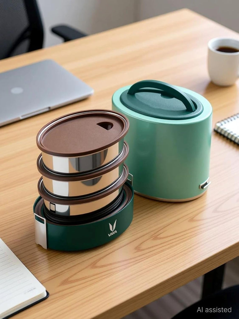 VAYA TYFFYN Lunch Box for Office for Men, with Polished Stainless Steel Containers,1000ml Vacuum Insulated Hot Lunch Box Without BagMat, Leakproof Hot Tiffin Box with 3 Compartments, Green