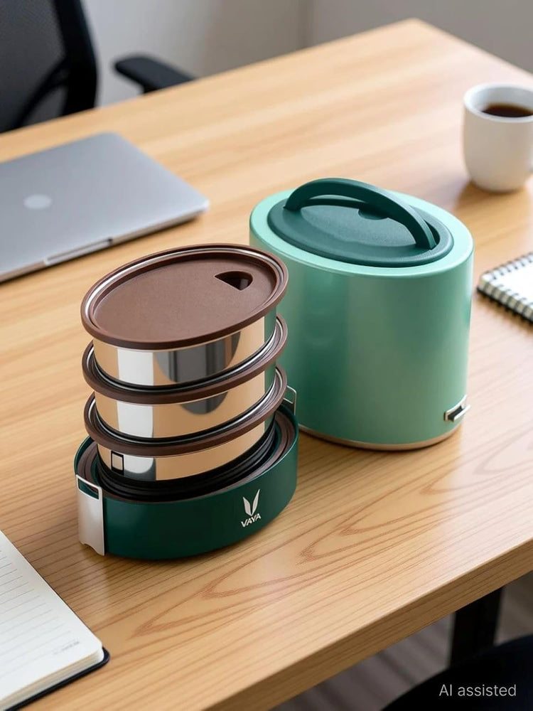 VAYA TYFFYN Lunch Box for Office for Men, with Polished Stainless Steel Containers,1000ml Vacuum Insulated Hot Lunch Box Without BagMat, Leakproof Hot Tiffin Box with 3 Compartments, Green