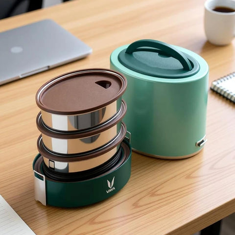 VAYA TYFFYN Lunch Box for Office for Men, with Polished Stainless Steel Containers,1000ml Vacuum Insulated Hot Lunch Box Without BagMat, Leakproof Hot Tiffin Box with 3 Compartments, Green
