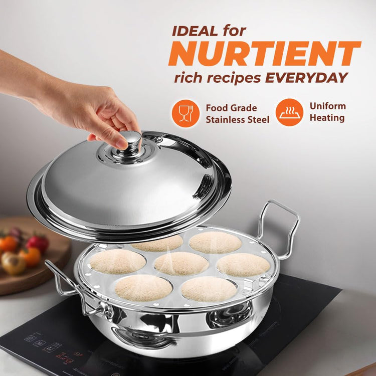 Kraft Stainless Steel Multi Kadai/Idli Maker | 5 L, 28 cm, 6 Plates | 2 Idli, 2 Dhokla, 1 Patra & Mini Idli | Induction & Gas Compatible Momo/Modak Pot | 6 in 1 Multipurpose steamer for cooking