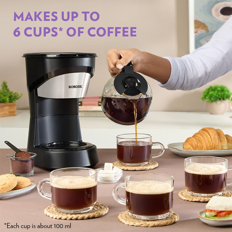 Borosil Brew Pro Drip Coffee Machine with Borosilicate Glass Carafe (600 ml) | 550W Coffeemaker | 6 Cups Capacity | Anti-Drip Function, Auto Shutoff, Keep Warm Plate | 2 Years Warranty | Black