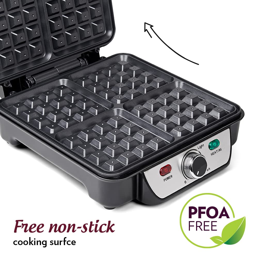 Borosil 1100W Jumbo Waffle Maker | Can Make 4 Waffles At a Time | Non-Stick Coating Plates Opens to 105°, BPA & PTFE Free | Power Indicators | 2 Year Warranty