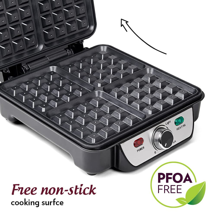 Borosil 1100W Jumbo Waffle Maker | Can Make 4 Waffles At a Time | Non-Stick Coating Plates Opens to 105°, BPA & PTFE Free | Power Indicators | 2 Year Warranty