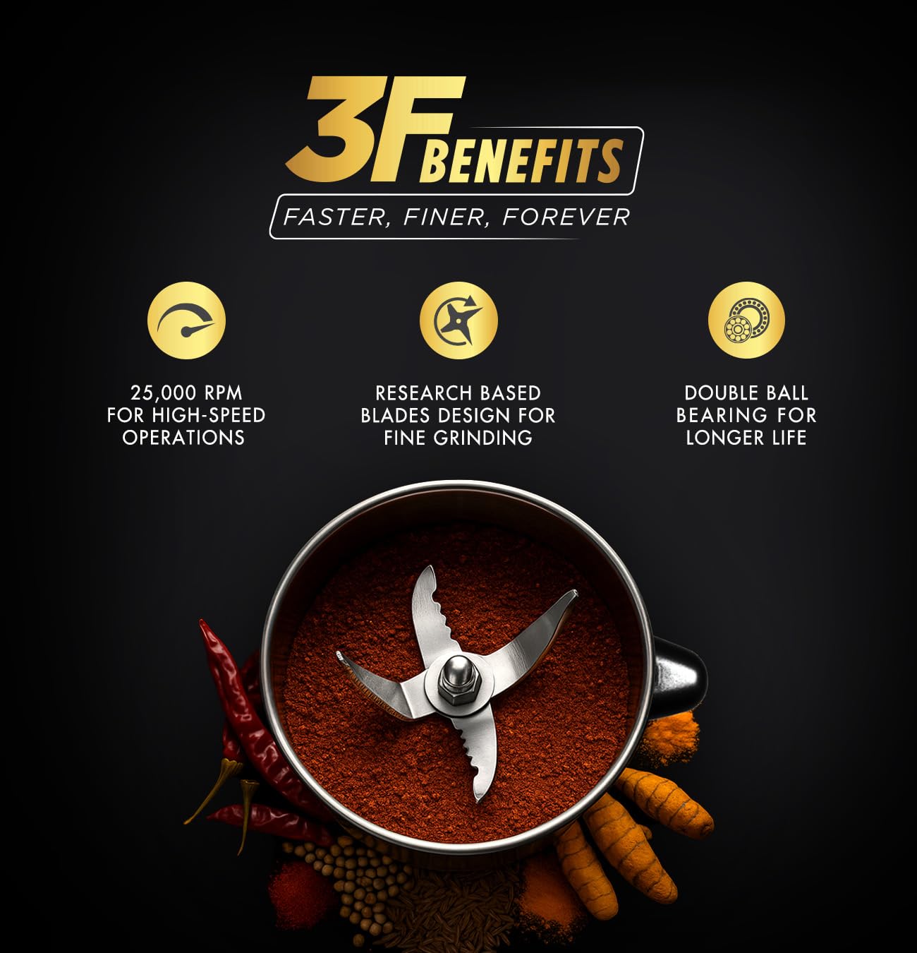 Sujata MG02 Mixer Grinder|1000 Watts Double Ball Bearing Motor|25000 RPM|Non-Stop 90 Mins Running|3 Food Grade Steel Jars including 1500ml Multipurpose, 1000ml Grinder, 500ml Chutney Jar| (Black)