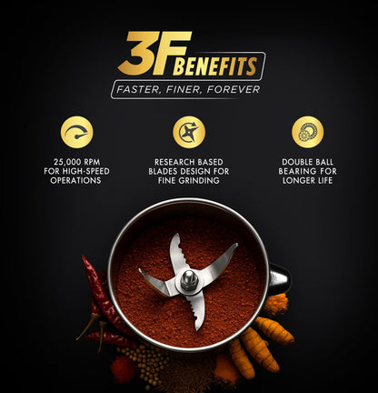 Sujata MG03 Mixer Grinder|1000 Watts Double Ball Bearing Motor|25000 RPM|Non-Stop 90 Mins Running|4 Jars including 1750ml Blender with Coconut Milk Extractor, 1500ml, 1000ml, 500ml Jar| (Black)