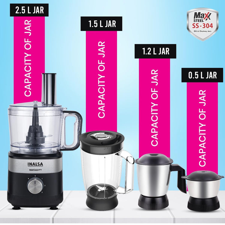 INALSA Food Processor For Kitchen With Mixer Grinder Juicer|1000 W Copper Motor|2.5L Processing Jar|Chopping,Kneading Blade|Citrus Juicer|Shredding,Slicing,Whisker&French Fries Cutter (Inox 1000 Pro)