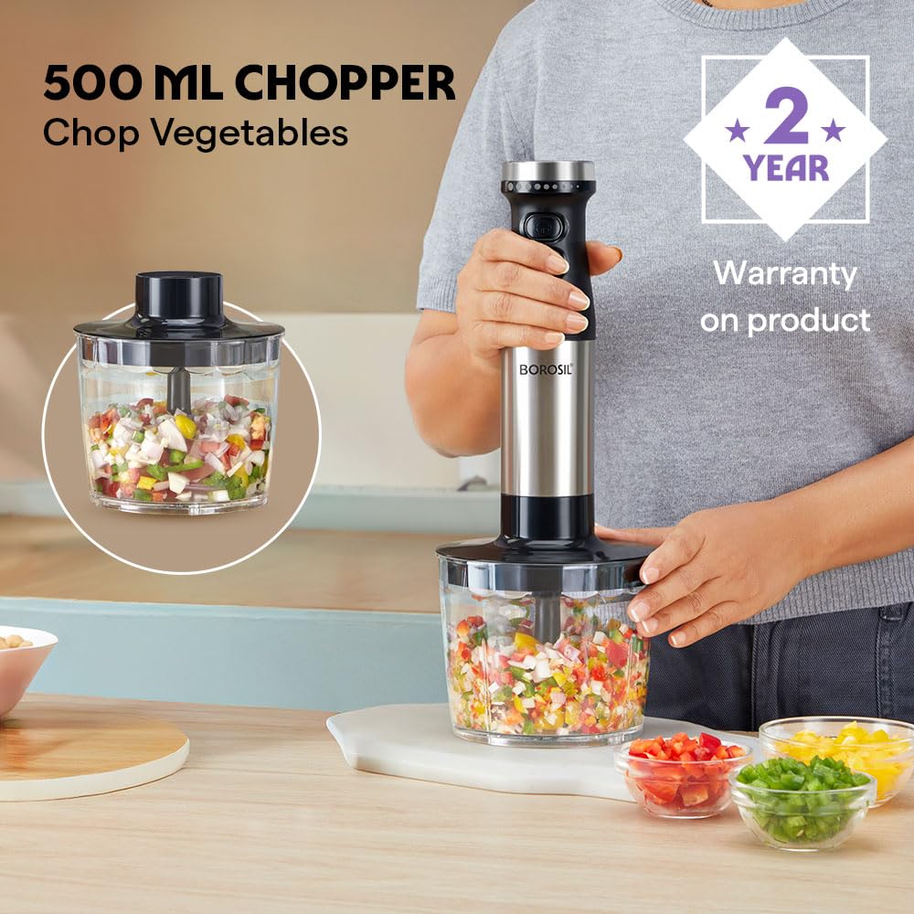 Borosil SmartBlend Hand Blender with Chopper & Whisker | 750ml Beaker & 500ml Chopper | BIS Approved Made in India | Variable Speed Control | SS 301 Blade & Detachable Blending Rod | 2 Years Warranty