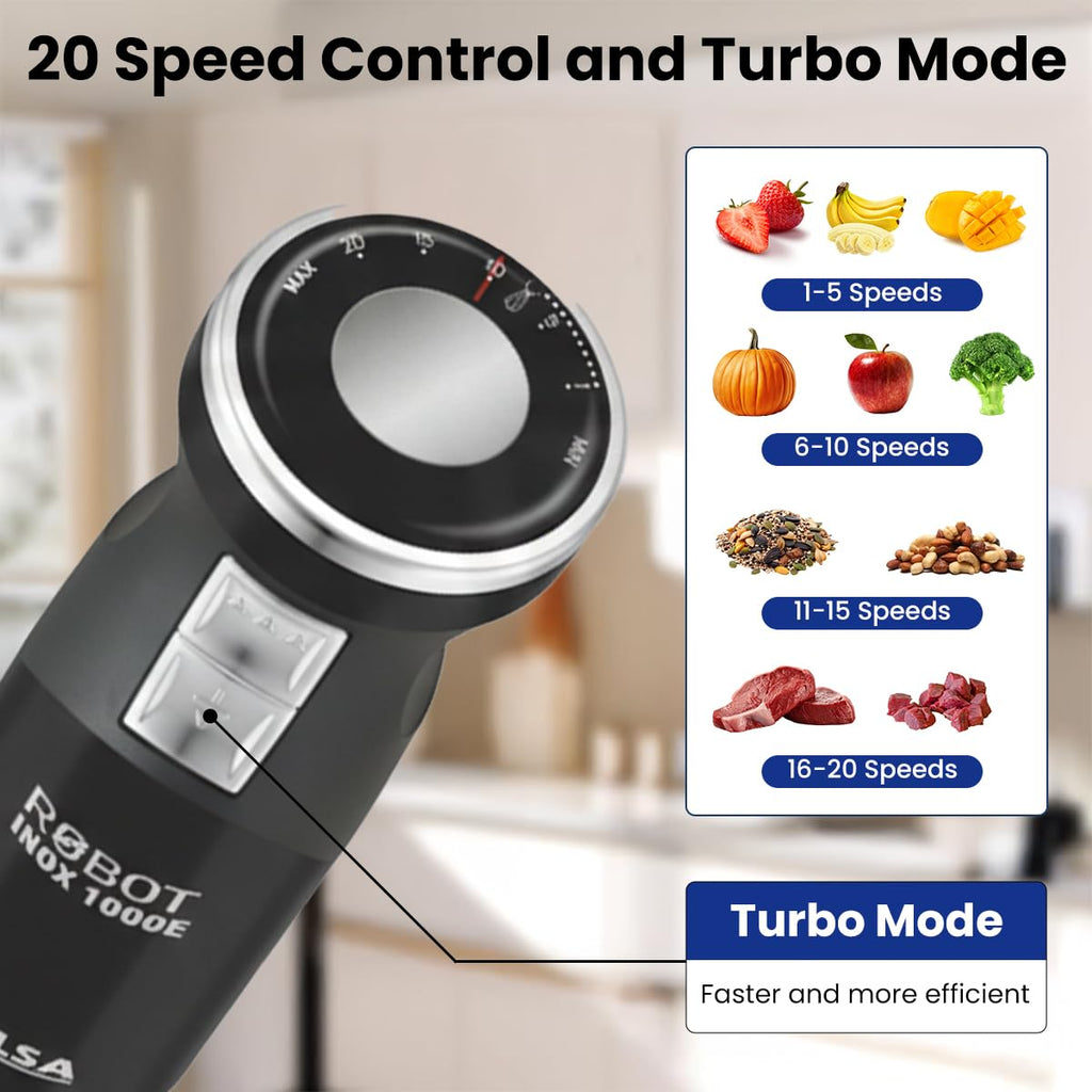 INALSA Hand Blender 1000 Watts with Chopper, Whisker| Variable Speed & Turbo Speed Function|100% Copper Motor|0.6Liter|Low Noise |Anti-Splash Technology|Home&kitchen|2 Year Warranty (Robot Inox 1000E)