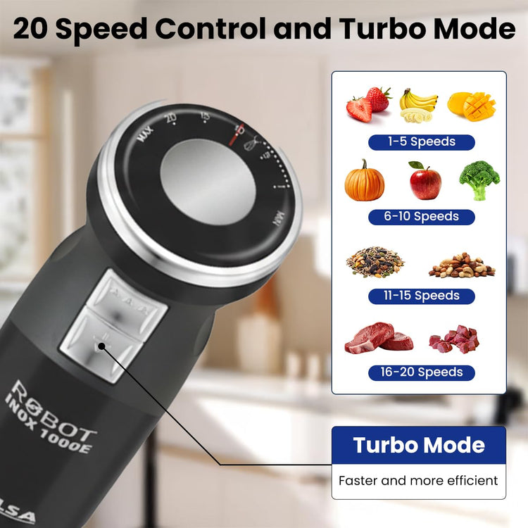 INALSA Hand Blender 1000 Watts with Chopper, Whisker| Variable Speed & Turbo Speed Function|100% Copper Motor|0.6Liter|Low Noise |Anti-Splash Technology|Home&kitchen|2 Year Warranty (Robot Inox 1000E)