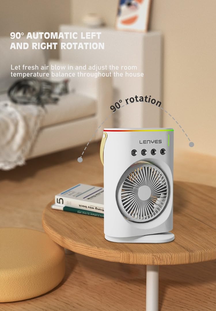 Lenyes LHF05 60 mm Mini Fan | LED Lighting | Rechargeable Fan | 3 Fan Speeds | 2 Light Mode Settings | High Speed Oscillation Table Fan | White Portable Fan