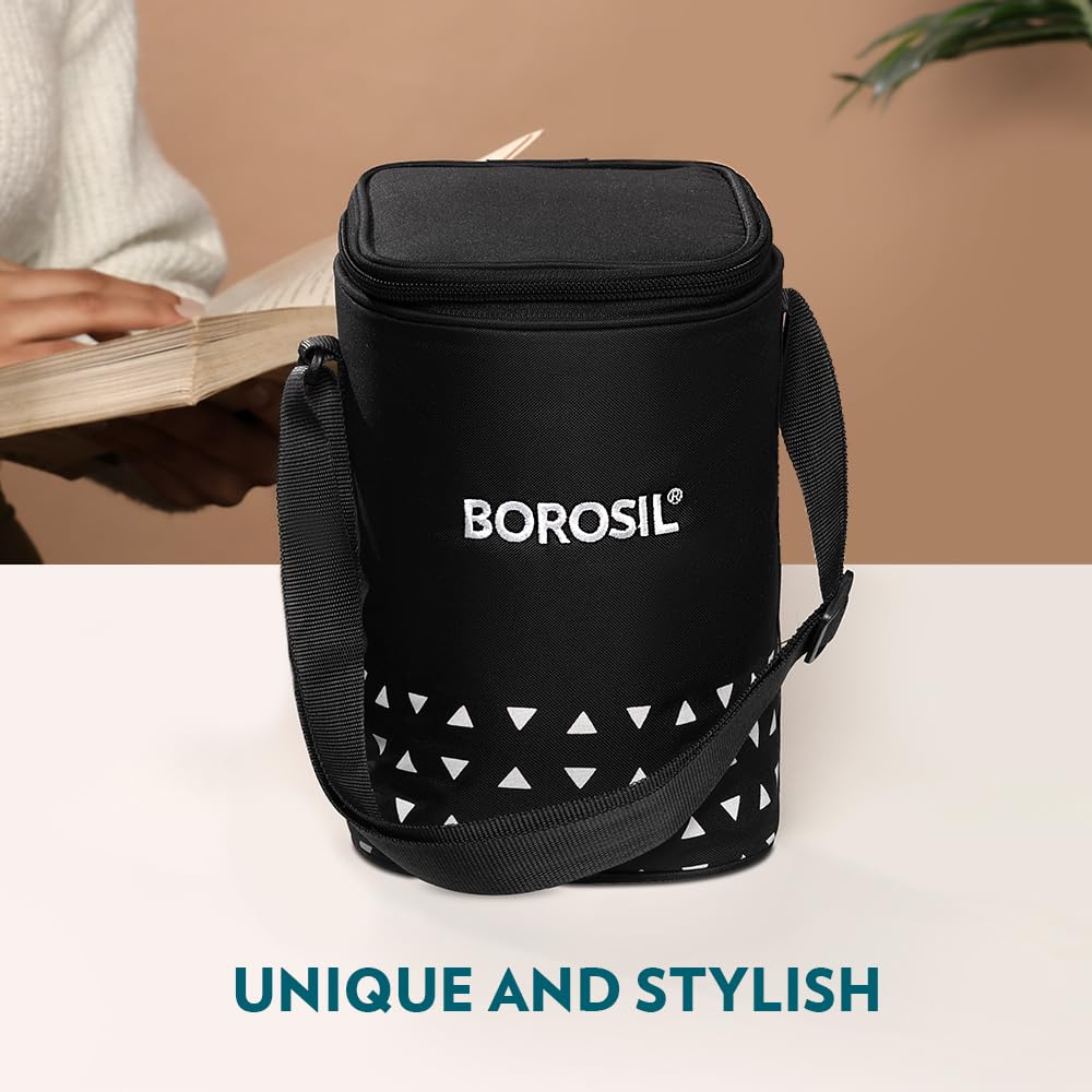 Borosil Kube Black Borosilicate Glass Lunchbox with Bag | 3 pc Square Container Set (320 ml Each) | Microwave & Dishwasher Safe, Leakproof | Tiffin for Office, School, College