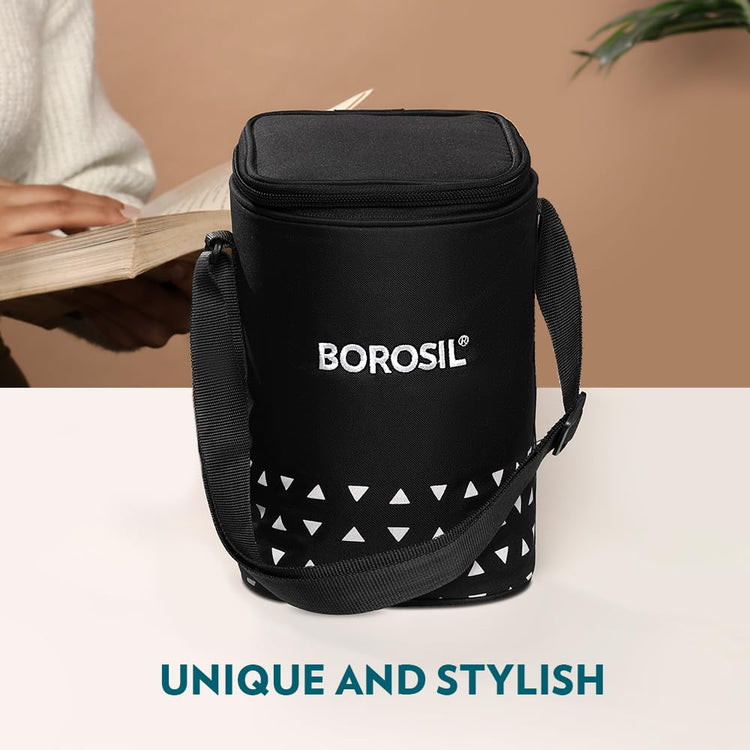 Borosil Kube Black Borosilicate Glass Lunchbox with Bag | 3 pc Square Container Set (320 ml Each) | Microwave & Dishwasher Safe, Leakproof | Tiffin for Office, School, College