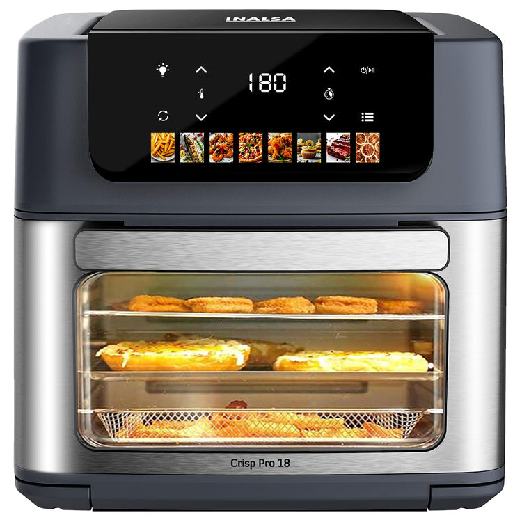 INALSA Air Fryer Oven 2100 W|18 L Capacity|8 Preset Functions with Roast,Reheat,Dehydrate,Bake|LED Touch Display|Rotisserie & Convection|10 Accessories|2 Yr Warranty|Recipe Book, Aero Crisp Pro18 Grey