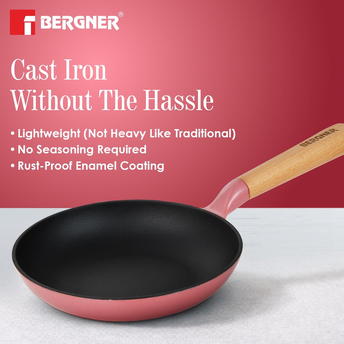 BERGNER Excalibur Lightweight Cast Iron Frypan 20cm, Sturdy Wooden Handle, Non-Stick Coating, PFAS Free, Perfect Heat Distribution, Elegant Design - Induction and Gas Stove Ready (Pink)
