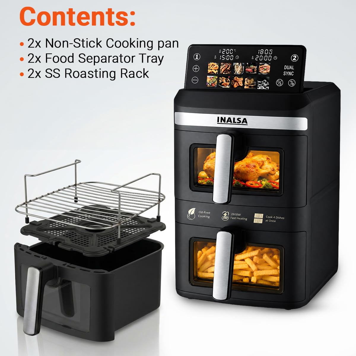 INALSA Double Basket Air Fryer 2800W & 14 L (7L+7L) Large Capacity |Non Toxic,BPA Free|PFOA Food Safety Certified|Cook 2 Full Meals Together|Flip Digital Screen|NutriFry DuoSlim
