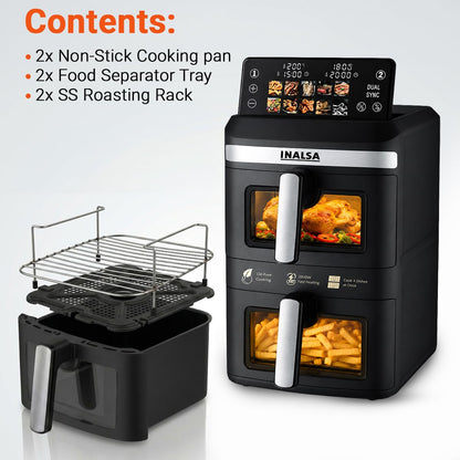 INALSA Double Basket Air Fryer 2800W & 14 L (7L+7L) Large Capacity |Non Toxic,BPA Free|PFOA Food Safety Certified|Cook 2 Full Meals Together|Flip Digital Screen|NutriFry DuoSlim