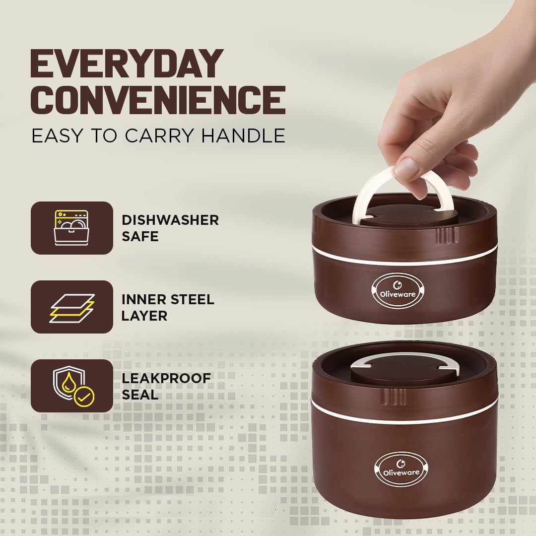 Oliveware TESO Musk Lunch Box | 3 Microwave-Safe Containers (2×420ml, 1×620ml) + 750ml Steel Bottle + 130ml Pickle Box + Steel Cutlery | Premium Carry Bag | Freezer & Dishwasher Safe (Brown)