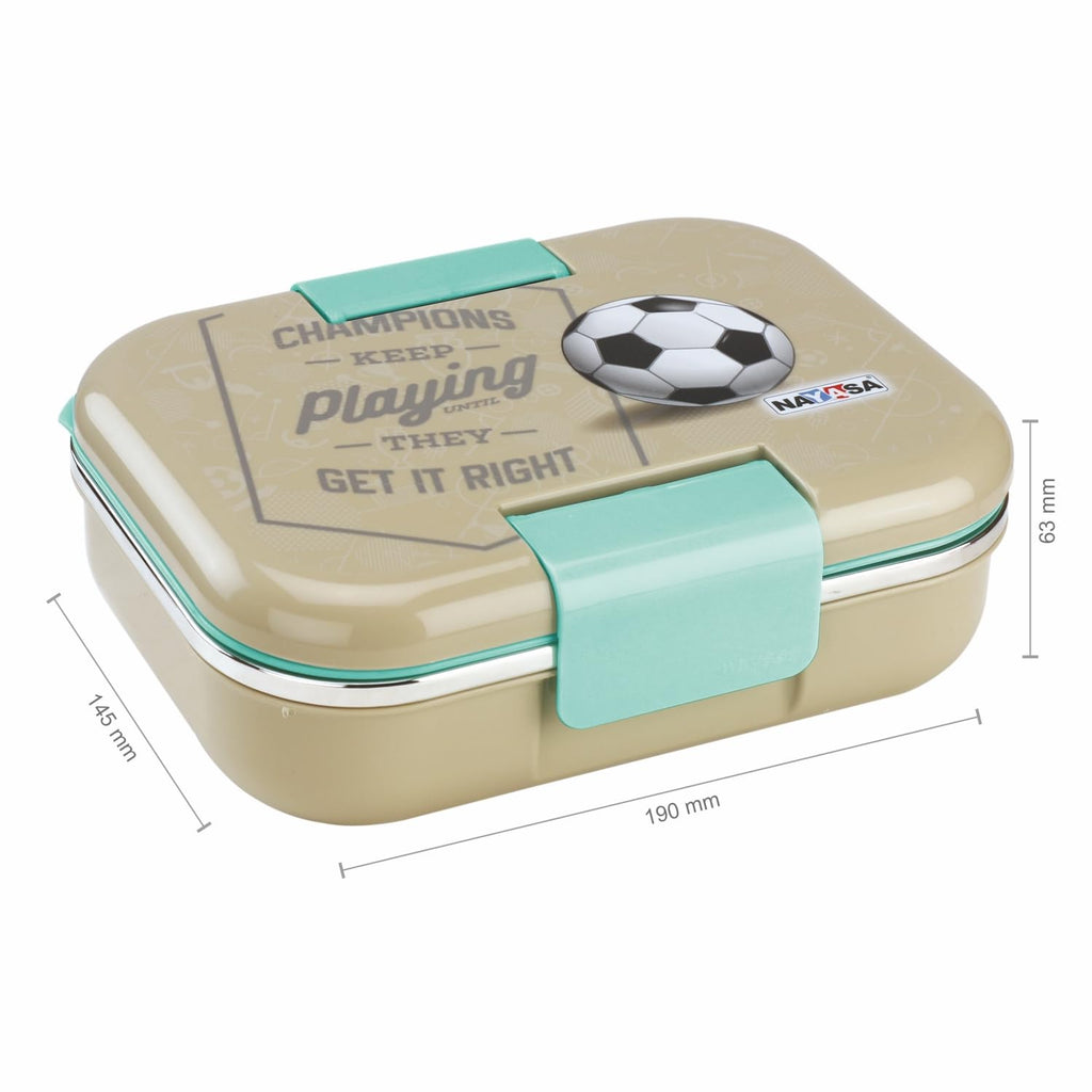Nayasa Marco 2 Compartment Stainless Steel Insulated Lunch Box for Kids Boys | Football Champion Print | Vacuum Sealed Leak Proof Tiffin Box | 650 ml | Grey