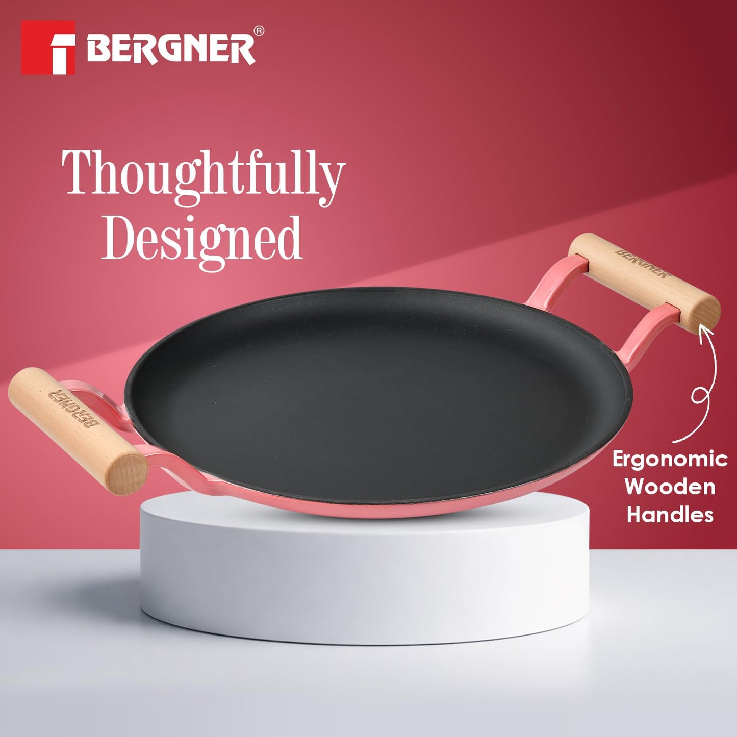BERGNER Excalibur Lightweight Cast Iron Dosa Tawa 28cm, Double Sided Sturdy Handle, Non-Stick Coating, PFAS Free, Perfect Heat Distribution, Elegant Design - Induction Compatible (Pink)