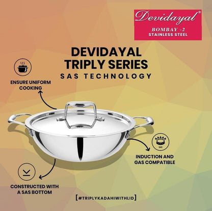 Devidayal Triply Stainless Steel Kadhai with 5 Year Warranty, (18cm | 1.2 LTRS | Silver |Stainless Steel |Induction and Dishwaser Comptible | Easy to Cook), Comes with Lid