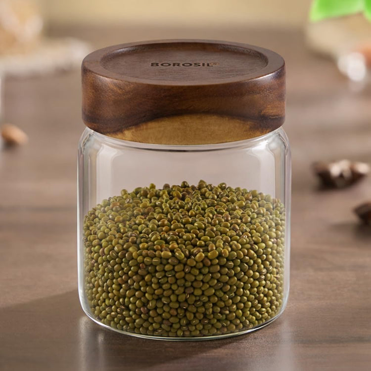 Borosil Glass Jar with Acacia Wood Lid | Borosilicate Glass Storage Jar for Dry Fruits, Spices & Snacks | Airtight Glass Container for Kitchen & Pantry (Tallwood, 600 ml)