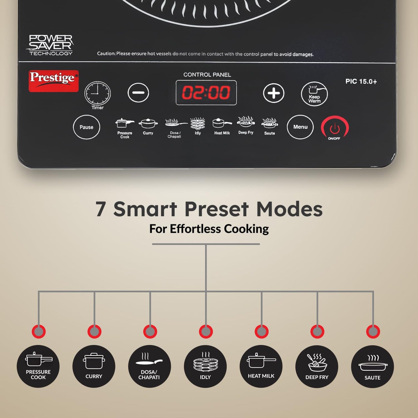 Prestige PIC 15.0 Plus 1900 Watts Induction Cooktop | 4KV Surge Protection | 7 Preset Indian Menu Options with Timer | Touch Button | Easy to Clean | Black | 1Y Warranty | BIS