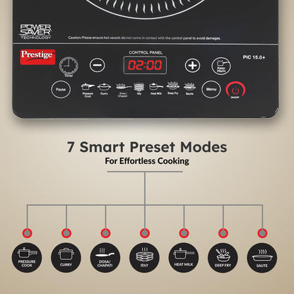 Prestige PIC 15.0 Plus 1900 Watts Induction Cooktop | 4KV Surge Protection | 7 Preset Indian Menu Options with Timer | Touch Button | Easy to Clean | Black | 1Y Warranty | BIS