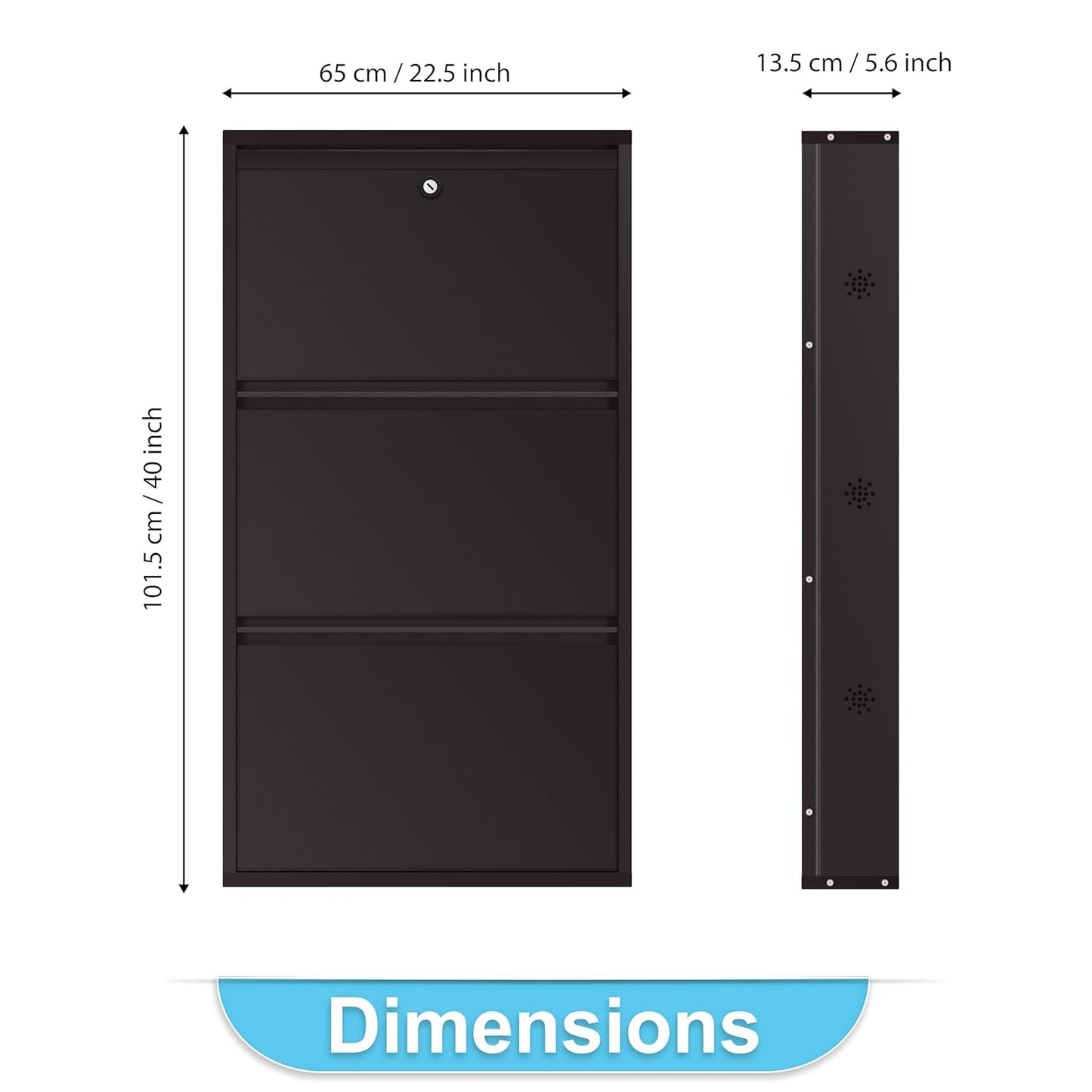 3 Tier Metal Shoe Rack for Home with Doors & Lock | Wall Mount Shoe Cabinet for Home | Space Saving Shoe Organizer Stand for Shoes, Chappals & Sandals. 21 Inch Wide (Brown)