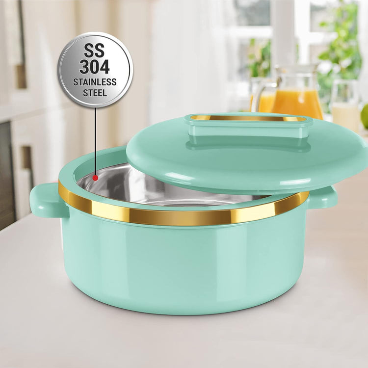 MILTON Curve Inner Stainless Steel Casserole Set of 3 (840 ml, 1300 ml, 1880 ml), Light Green | BPA Free | Food Grade | Easy to Carry | Easy to Store | Chapati | Roti | Curd Maker