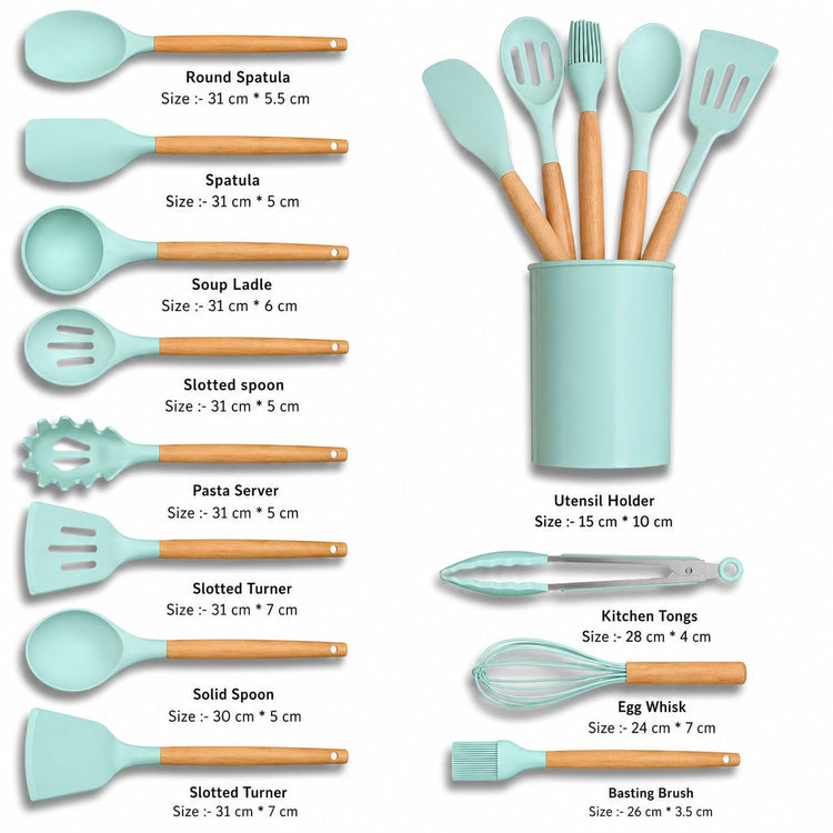 12 Pcs Silicone Kitchen Tool Set with Wooden Handles | Non Stick Cookware Safe Cooking Utensils with Storage Holder | Kitchen Accessories Set for Cooking & Baking (Green)
