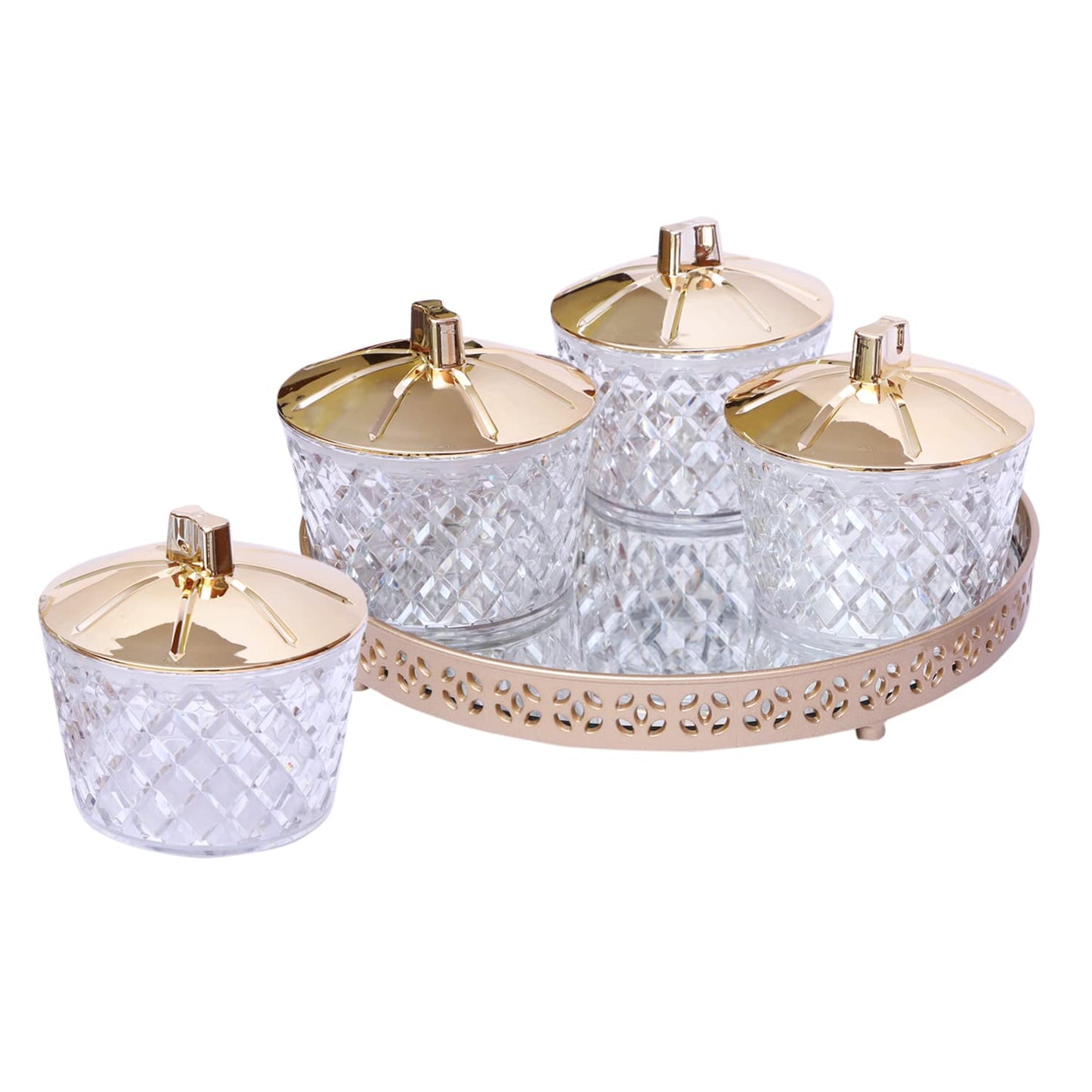 Jaypee Plus Luxe 4 Jar Dry Fruit & Snacks Storage Container Set of 4 Pcs | BPA Free & Airtight Silicone Seal Lid with Mirror Glass Tray | Durable & Break Resistant 500 ml, Golden Transparent