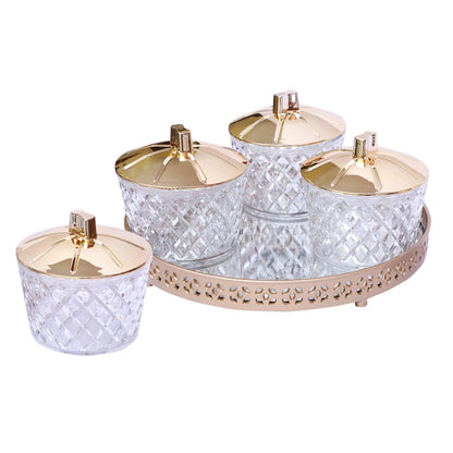 Jaypee Plus Luxe 4 Jar Dry Fruit & Snacks Storage Container Set of 4 Pcs | BPA Free & Airtight Silicone Seal Lid with Mirror Glass Tray | Durable & Break Resistant 500 ml, Golden Transparent