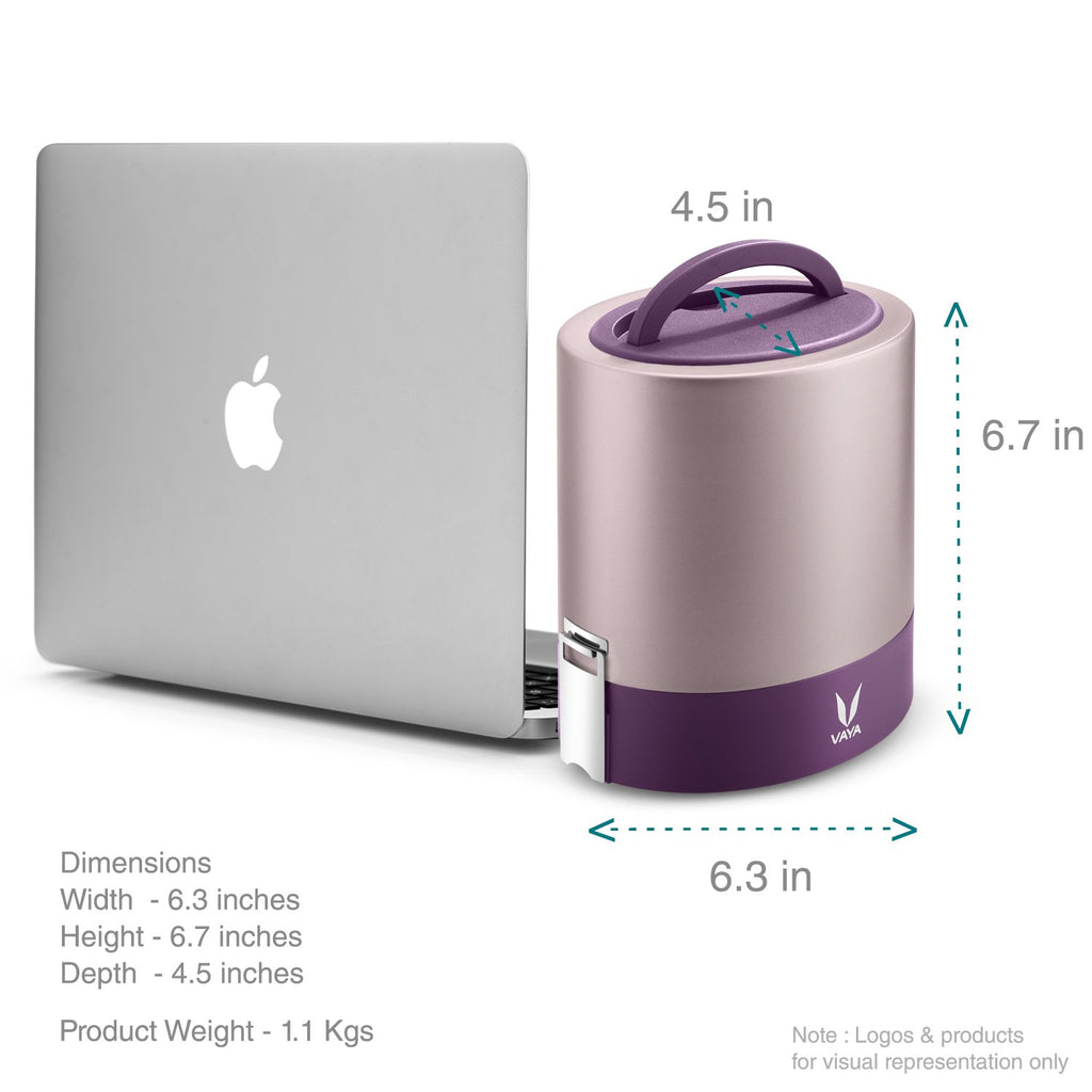 VAYA TYFFYN Lunch Box for Office for Men, with Polished Stainless Steel Containers,1000ml Vacuum Insulated Hot Lunch Box Without BagMat, Leakproof Hot Tiffin Box with 3 Compartments, Purple