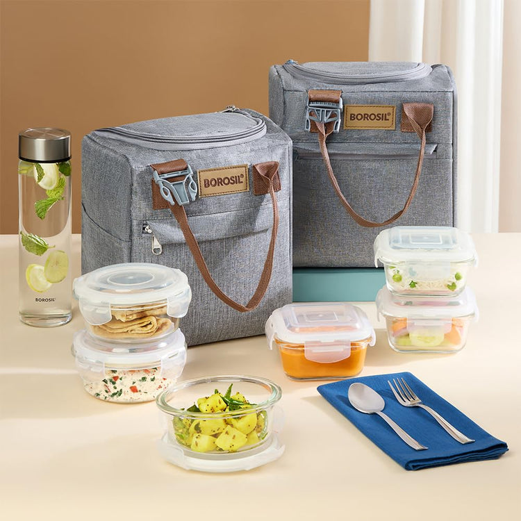 Borosil 7pc Borosilicate Glass Lunchbox | 3pc Container + 1 (550ml) Glass Bottle + Fork & Spoon Set with Mat | Microwave & Dishwasher Safe | Tiffin for Office, School, College (Gourmet Plus)