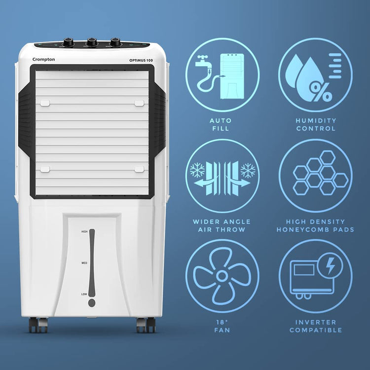Crompton Optimus 100 Litres Desert Air Cooler for home | Large & Easy Clean Ice Chamber | High Density Honeycomb Pads | Auto-Fill & Drain | Everlast Pump | Humidity Control