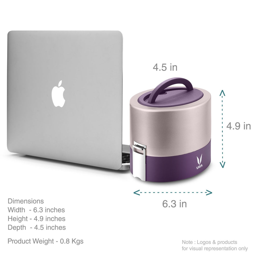 VAYA TYFFYN Lunch Box for Kids for School, Polished Stainless Steel Tiffin Box Without BagMat, 600ml Insulated Tiffin Box for Office for Men with 2 Containers, Hot Lunch Box for Boys, Purple