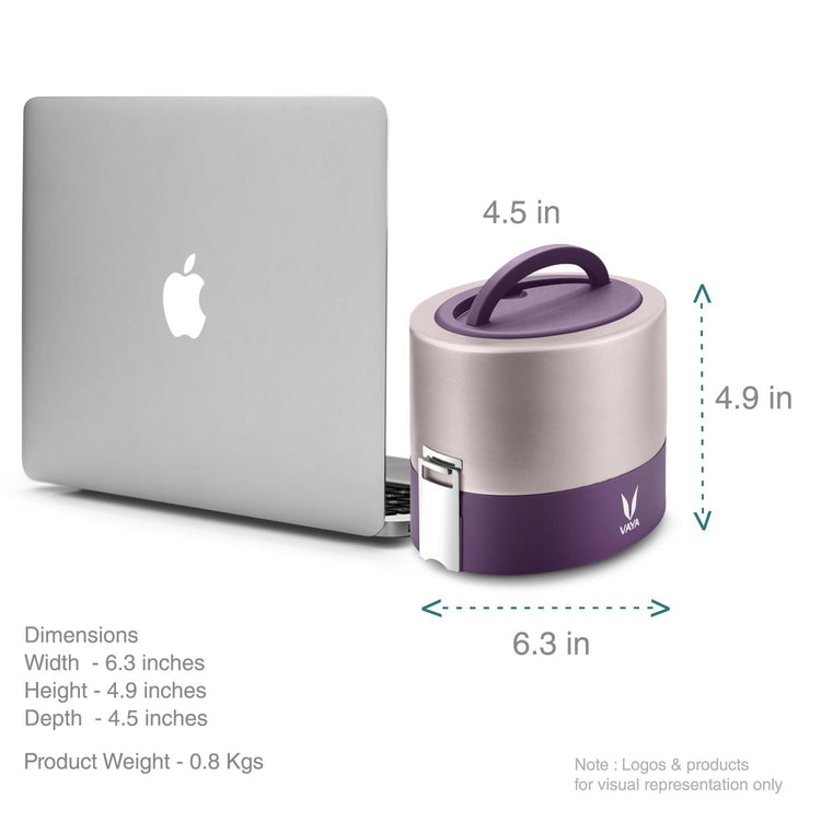 VAYA TYFFYN Lunch Box for Kids for School, Polished Stainless Steel Tiffin Box Without BagMat, 600ml Insulated Tiffin Box for Office for Men with 2 Containers, Hot Lunch Box for Boys, Purple