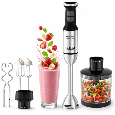 INALSA Hand Blender Mixer|1700W Copper Motor|Chopper,Dough Maker,Whisker & Jar Attachment|Low Noise|20 Speed Control & Turbo Function|BPA Free|Anti-Splash|2 Yr Warranty,Robot Inox 1700 Mix N Blend