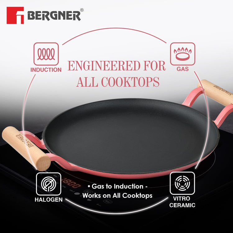 BERGNER Excalibur Lightweight Cast Iron Dosa Tawa 30cm, Double Sided Sturdy Handle, Non-Stick Coating, PFAS Free, Perfect Heat Distribution, Elegant Design - Induction Compatible (Pink)