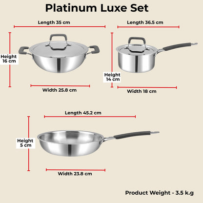 Vinod Platinum Luxe Triply Stainless Steel Cookware Set 5 Pc - Superior Finish, Cool Grip Handles, Mastercrafted Durability | 100% Safe, Non-Toxic, Nickel-Free | Frypan + Kadai & Saucepan with 2 Lids