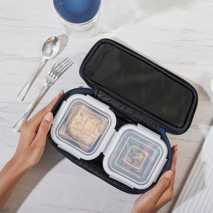 Borosil Klip n Store Lunchbox with Bag | Set of 2 Square Container (320ml Each) | Made in India Borosilicate Glass | Microwave & Dishwasher Safe | Tiffin for Office/School/College | Horizontal