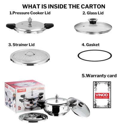 Vinod Magic Stainless Steel Smart 3 in 1 Pressure Cooker 3.5 Litre | 5mm Thick Base | All in One Cooker with Strainer & Glass Lid | Induction and Gas Base | ISI certified | 2 Years Warranty