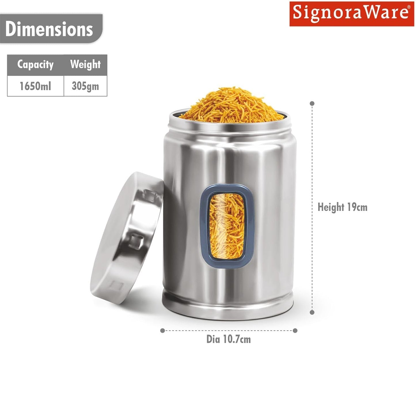 Signoraware 1650ML Modular Stainless Steel Deluxe Window Round Container | Airtight & Leakproof | Durable | Kitchen & Pantry Storage | Space Saving | Ideal for Dry Fruits & Snacks Storage (Steel)